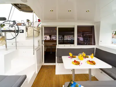 Cockpit of Miss Moneypenny, a Lagoon 400 S2 catamaran at Grad Šibenik, Croatia