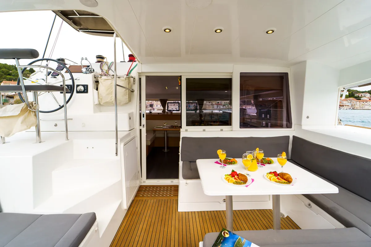 Cockpit of Miss Moneypenny, a Lagoon 400 S2 catamaran at Grad Šibenik, Croatia
