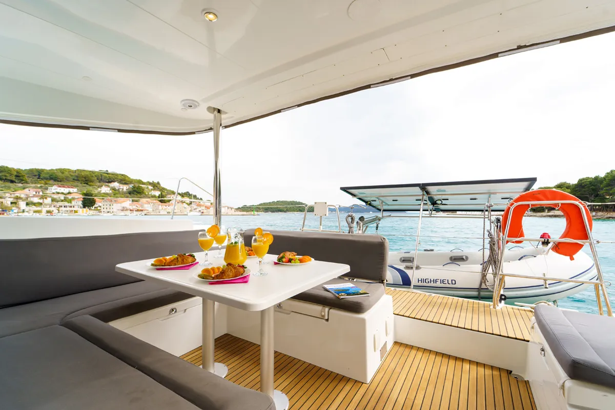Deck of Miss Moneypenny, a Lagoon 400 S2 catamaran at Grad Šibenik, Croatia