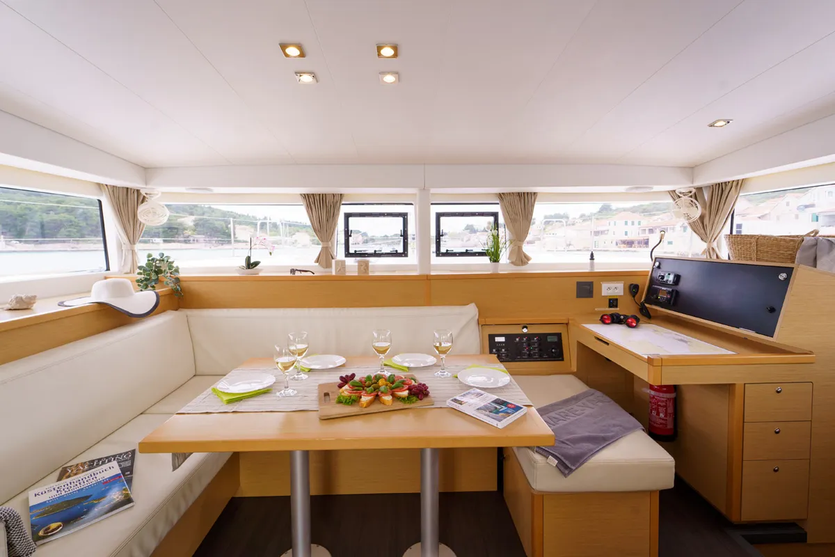 Salon of Miss Moneypenny, a Lagoon 400 S2 catamaran at Grad Šibenik, Croatia