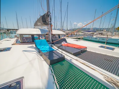 Deck of Phos, a Excess 11 catamaran at Municipal Unit of Lefkada, Greece