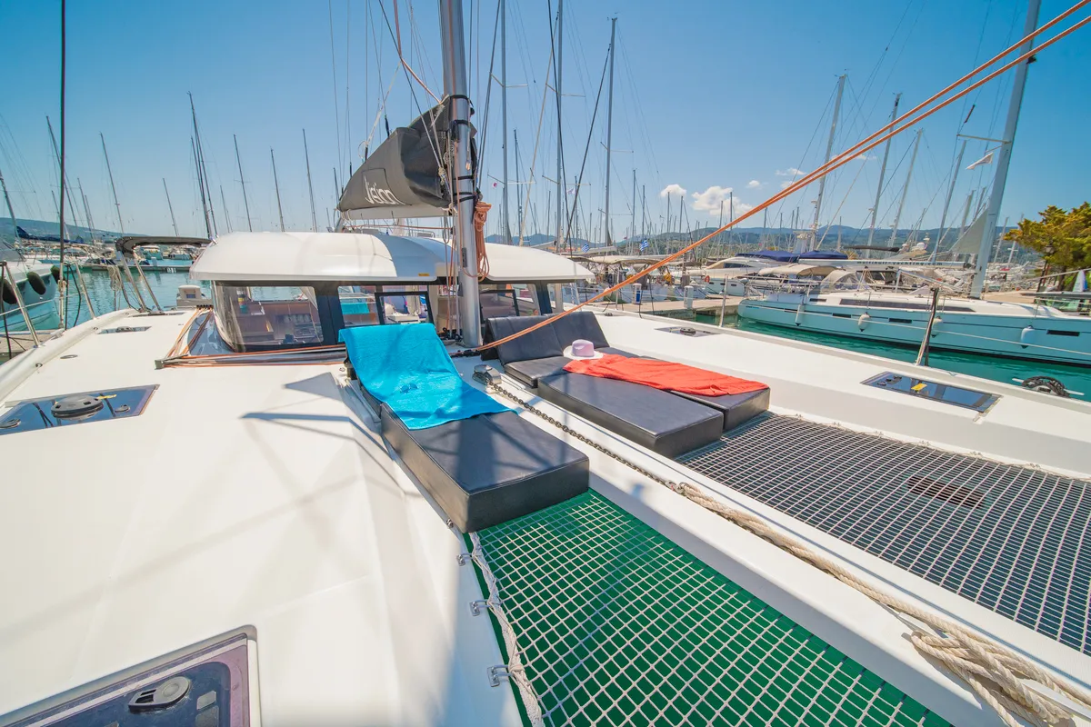 Deck of Phos, a Excess 11 catamaran at Municipal Unit of Lefkada, Greece