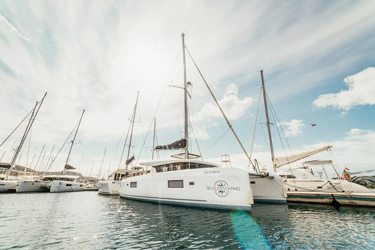 Exterior view of ARTEMIS, a Lagoon 42 catamaran at Grad Šibenik, Croatia