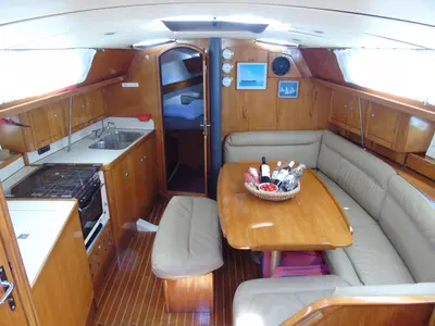 Salon of Calma, a Jeanneau Sun Odyssey 37.1 sailboat at Municipal Unit of Lefkada, Greece