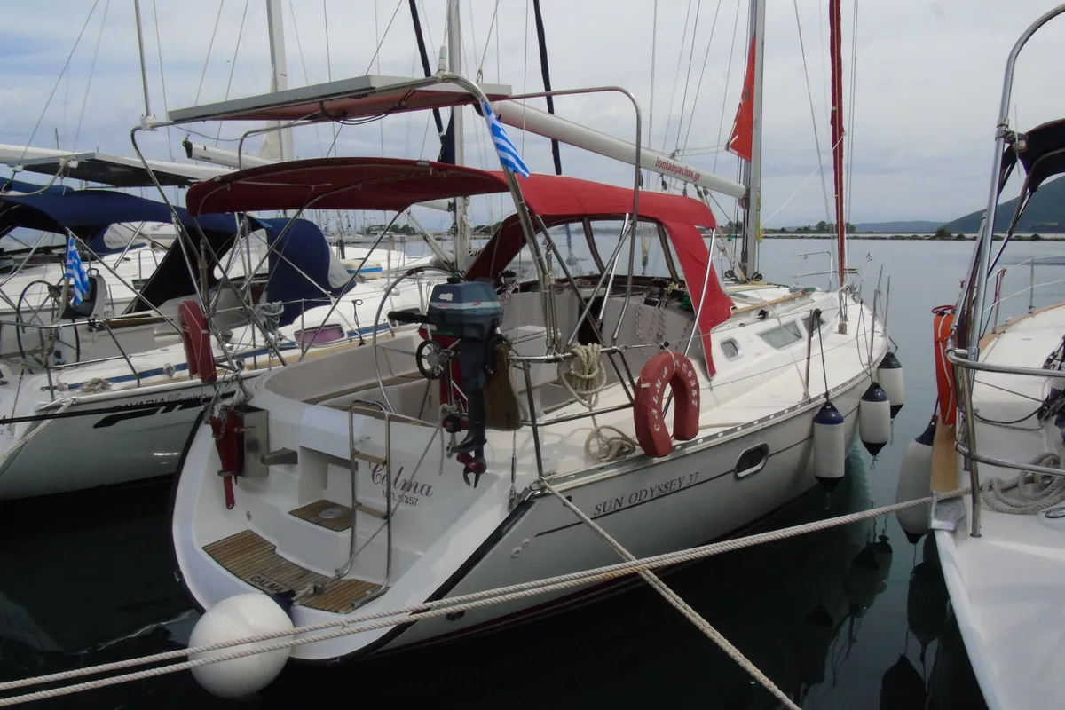 Exterior view of Calma, a Jeanneau Sun Odyssey 37.1 sailboat at Municipal Unit of Lefkada, Greece