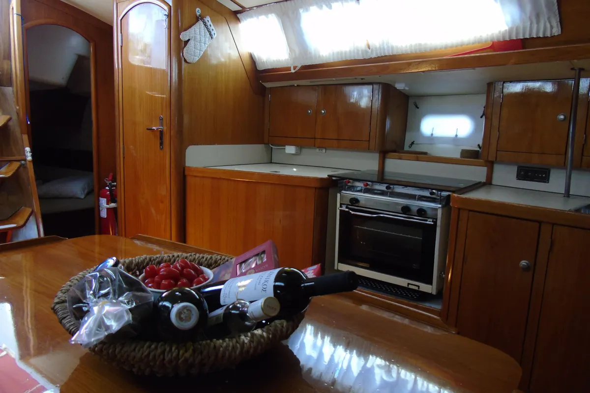 Galley of Calma, a Jeanneau Sun Odyssey 37.1 sailboat at Municipal Unit of Lefkada, Greece
