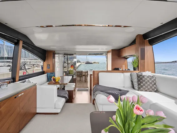 Salon of MIRNO MORE, a Princess S65 motor yacht at Grad Kaštela, Croatia