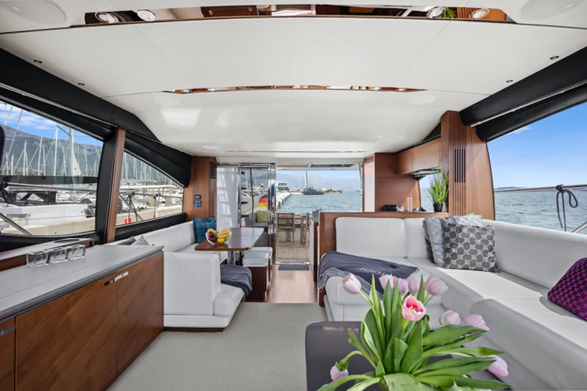 Salon of MIRNO MORE, a Princess S65 motor yacht at Grad Kaštela, Croatia