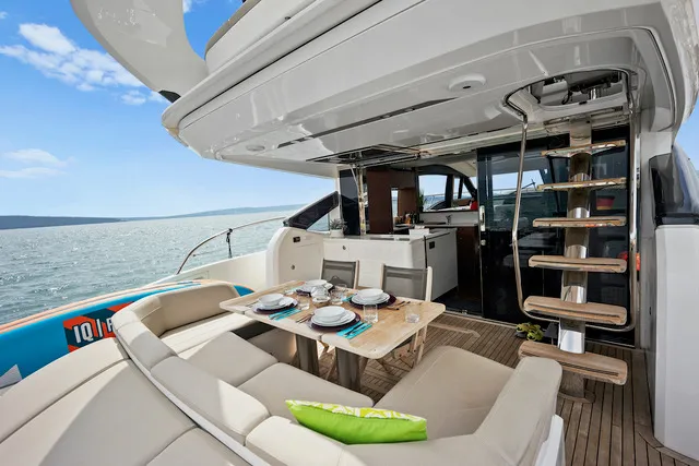 Deck of MIRNO MORE, a Princess S65 motor yacht at Grad Kaštela, Croatia