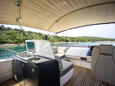 Cockpit of MIRNO MORE, a Princess S65 motor yacht at Grad Kaštela, Croatia