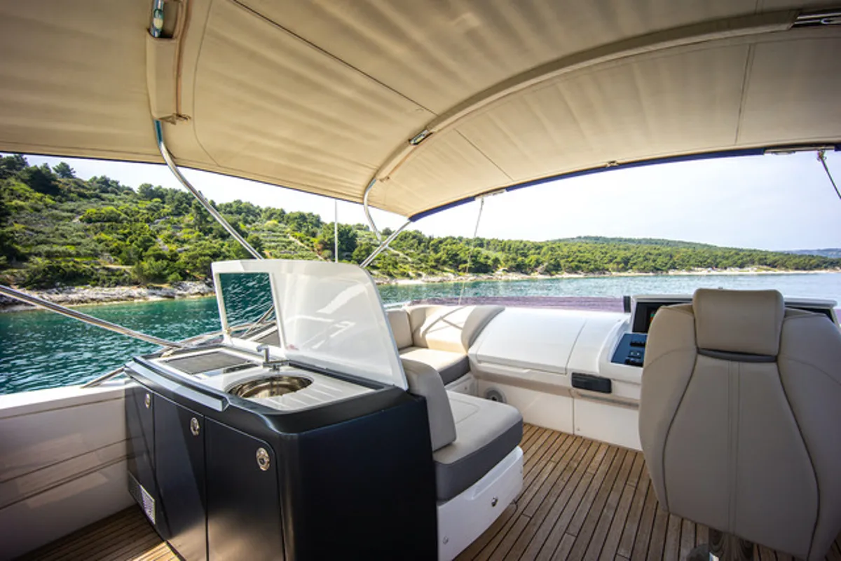 Cockpit of MIRNO MORE, a Princess S65 motor yacht at Grad Kaštela, Croatia