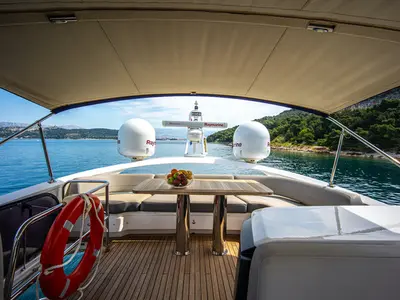 Deck of MIRNO MORE, a Princess S65 motor yacht at Grad Kaštela, Croatia