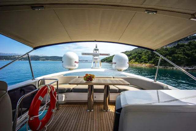 Deck of MIRNO MORE, a Princess S65 motor yacht at Grad Kaštela, Croatia