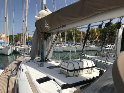 Deck of Alboran Prosecco (Majorca), a Jeanneau Sun Odyssey 519 sailboat at es Jonquet, Spain