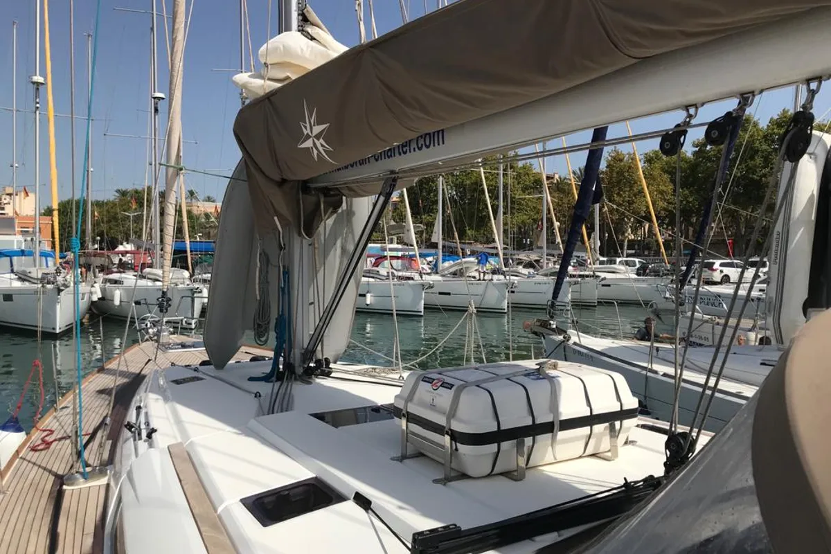 Deck of Alboran Prosecco (Majorca), a Jeanneau Sun Odyssey 519 sailboat at es Jonquet, Spain