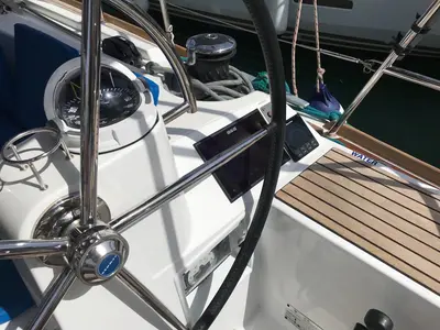 Cockpit of Alboran Prosecco (Majorca), a Jeanneau Sun Odyssey 519 sailboat at es Jonquet, Spain