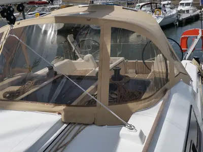 Cockpit of Excalibur, a Dufour 382 Grand Large sailboat at Kerners, France