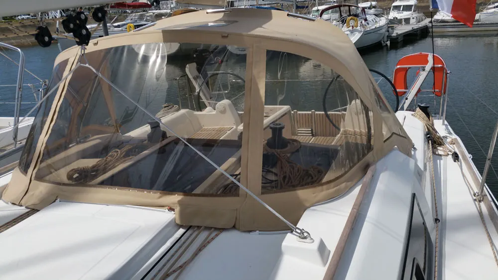 Cockpit of Excalibur, a Dufour 382 Grand Large sailboat at Kerners, France