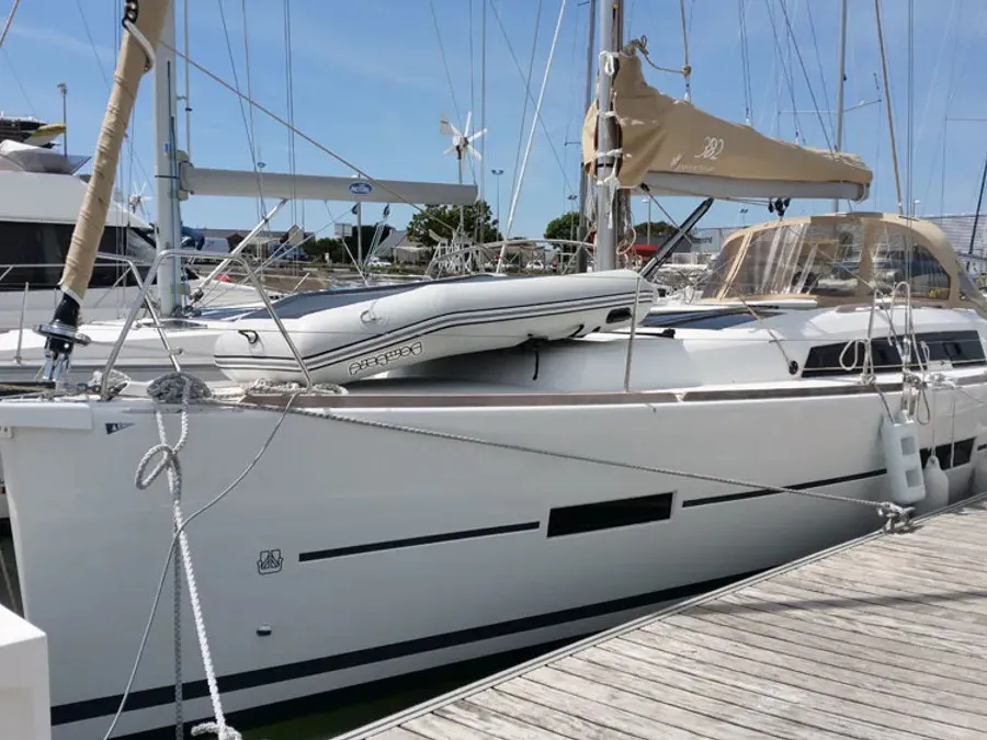 Exterior view of Excalibur, a Dufour 382 Grand Large sailboat at Kerners, France