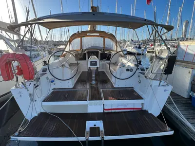 Cockpit of Excalibur, a Dufour 382 Grand Large sailboat at Kerners, France