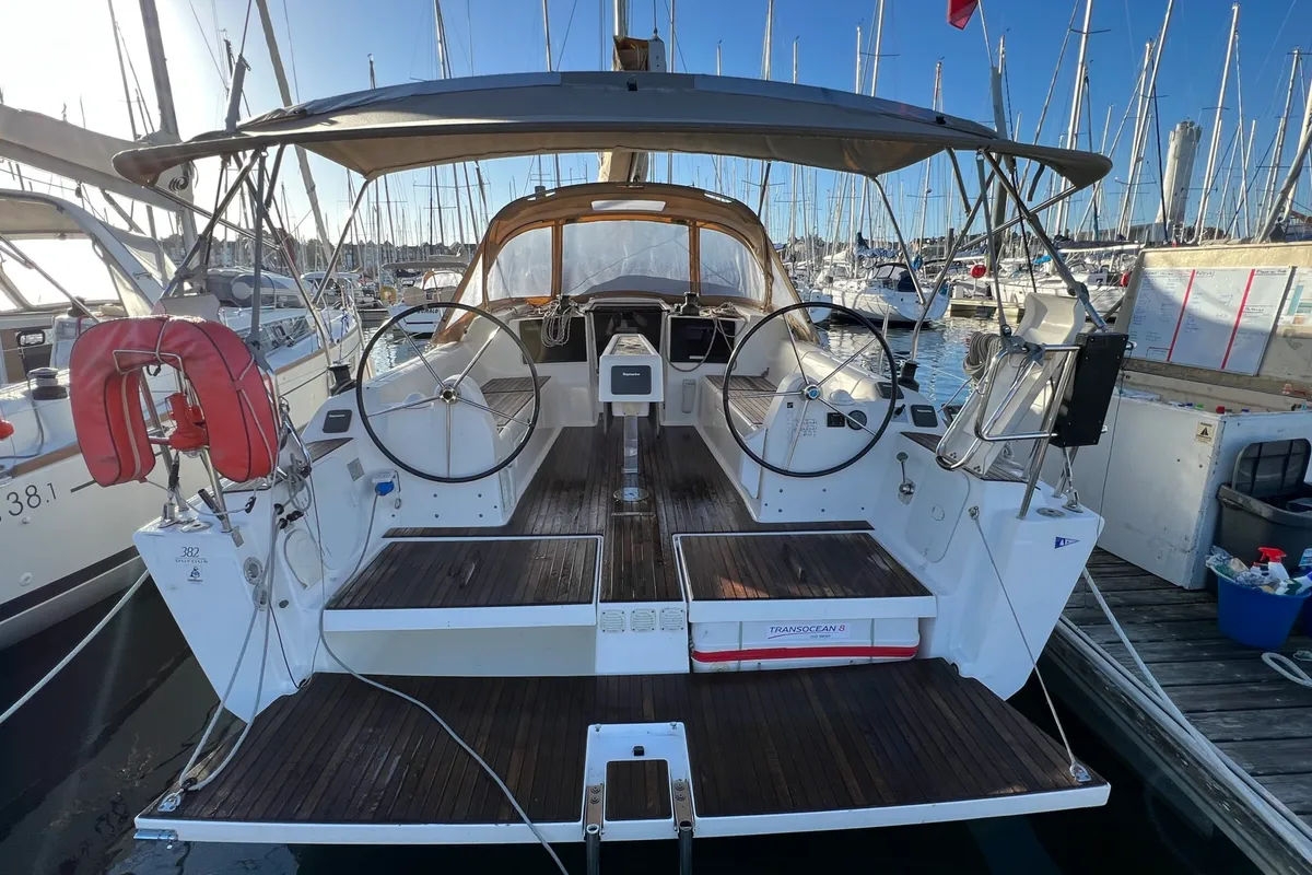 Cockpit of Excalibur, a Dufour 382 Grand Large sailboat at Kerners, France