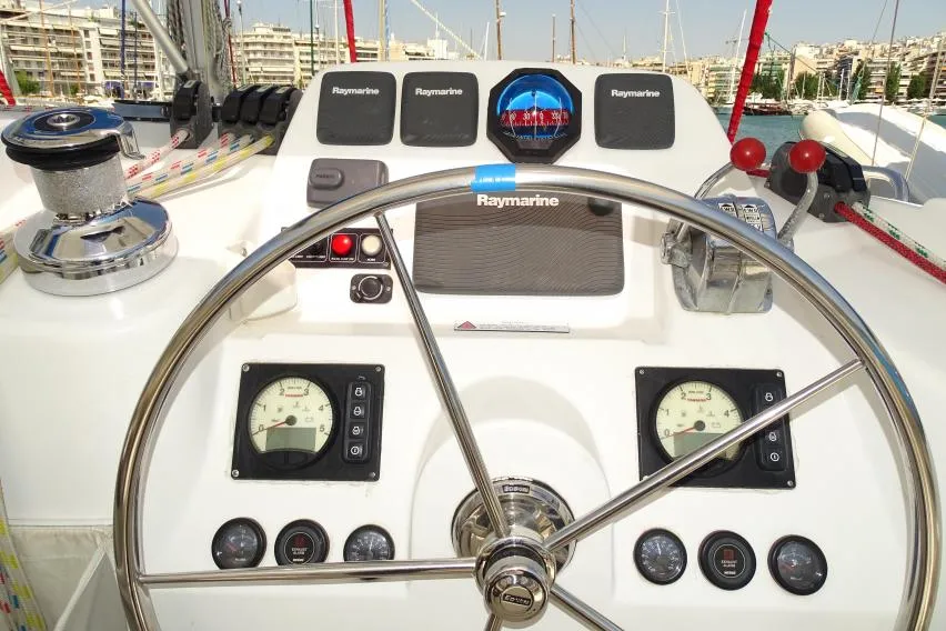 Cockpit of La Luna, a Leopard 44 catamaran at es Jonquet, Spain
