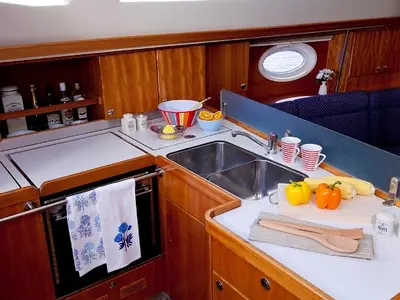 Galley of Kallisti, a Elan 434 Impression sailboat at Municipal Unit of Lefkada, Greece