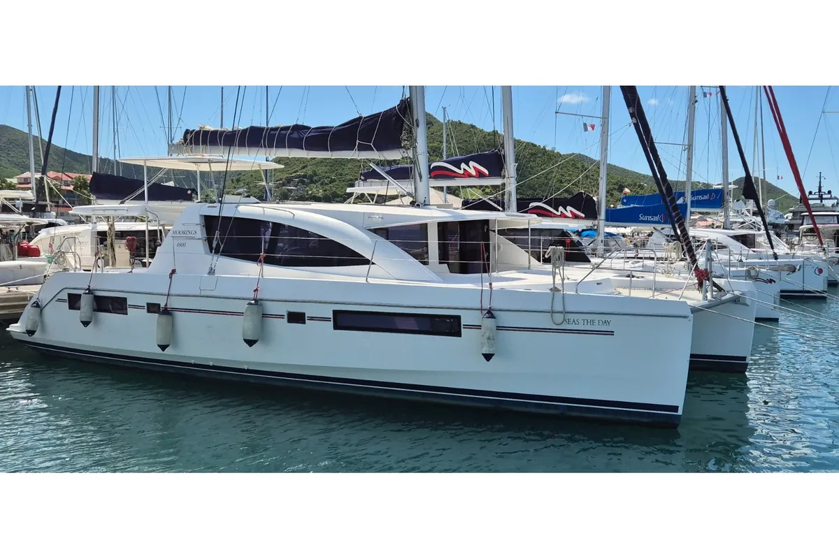 Exterior view of Seas the Day, a Leopard 48 catamaran at es Jonquet, Spain