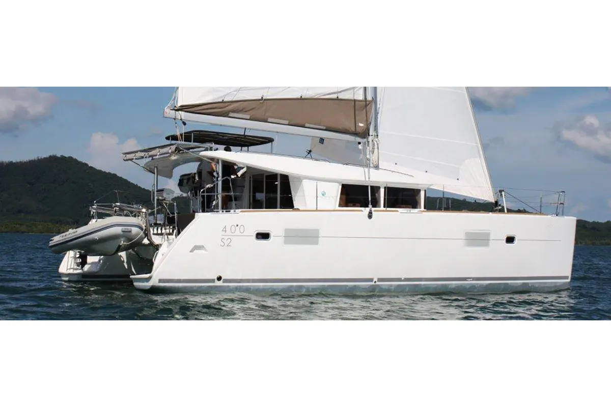 Exterior view of Mirfak, a Lagoon 400 S2 catamaran at La Spezia, Italy