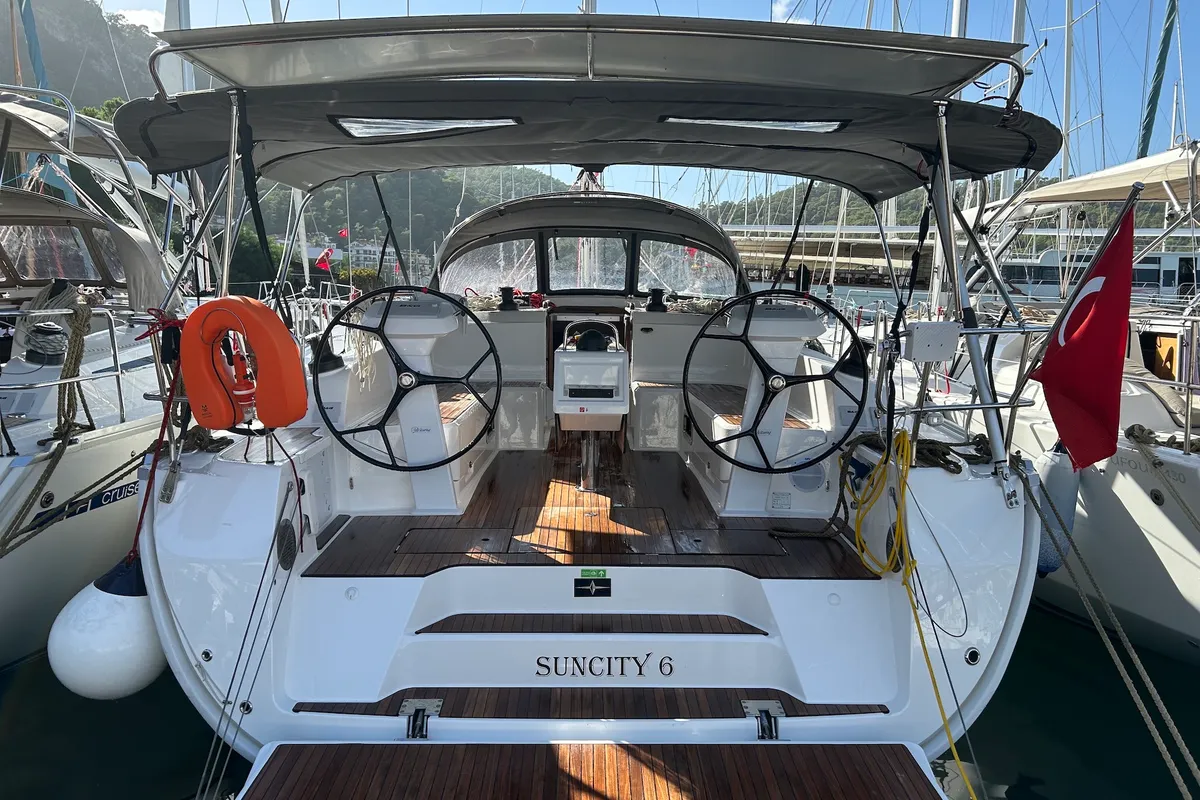 Cockpit of Suncity 6, a Bavaria Cruiser 46 sailboat at Fethiye, Turkey