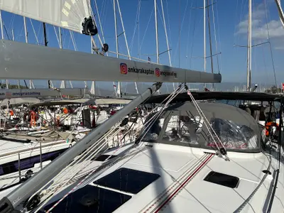 Deck of Suncity 6, a Bavaria Cruiser 46 sailboat at Fethiye, Turkey