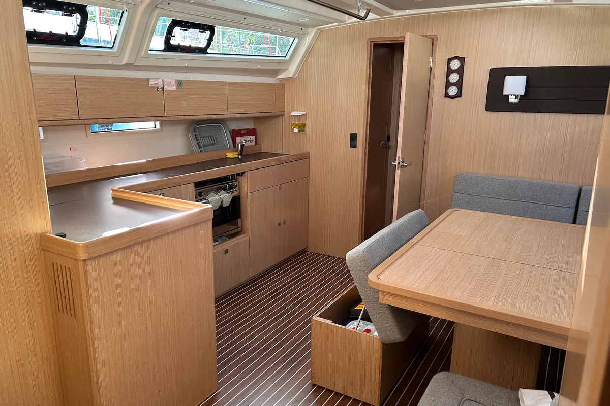 Salon of Suncity 6, a Bavaria Cruiser 46 sailboat at Fethiye, Turkey