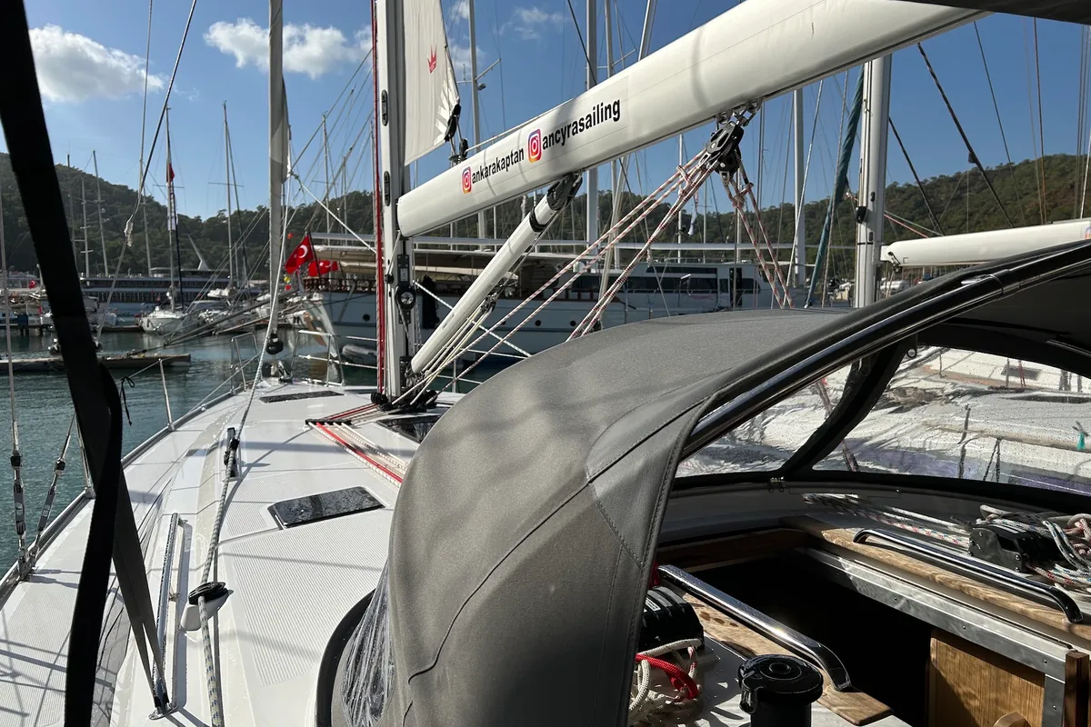 Deck of Suncity 6, a Bavaria Cruiser 46 sailboat at Fethiye, Turkey