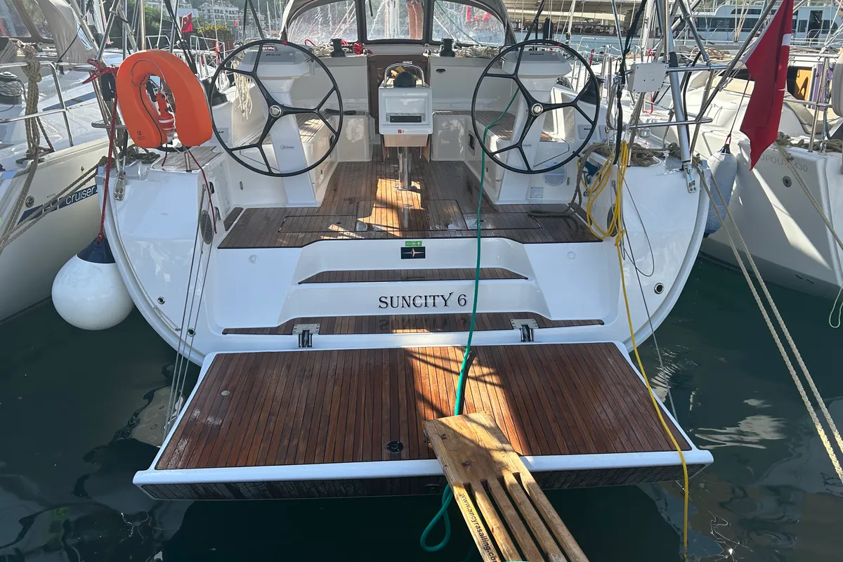 Exterior view of Suncity 6, a Bavaria Cruiser 46 sailboat at Fethiye, Turkey