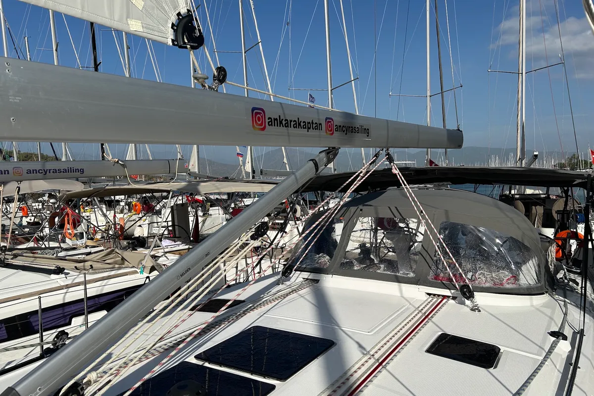 Deck of Suncity 6, a Bavaria Cruiser 46 sailboat at Fethiye, Turkey