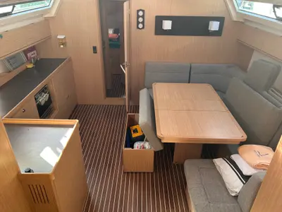 Salon of Suncity 6, a Bavaria Cruiser 46 sailboat at Fethiye, Turkey