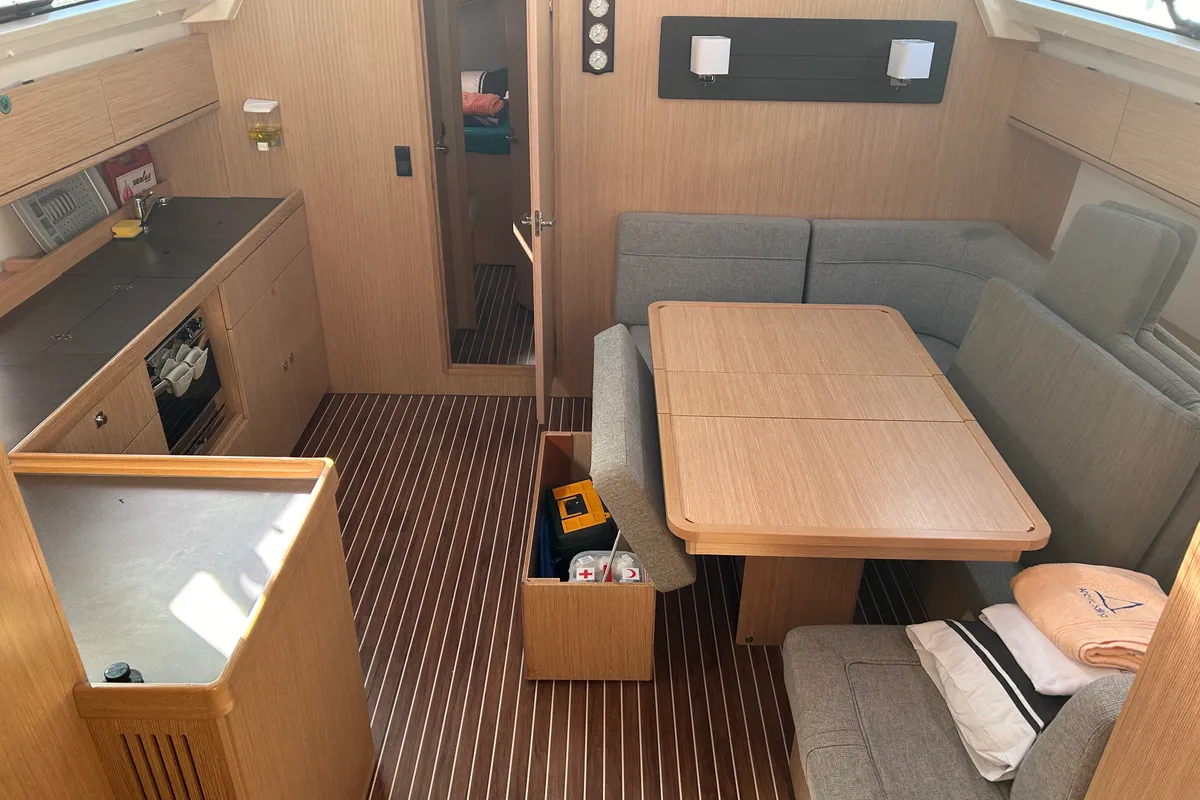 Salon of Suncity 6, a Bavaria Cruiser 46 sailboat at Fethiye, Turkey