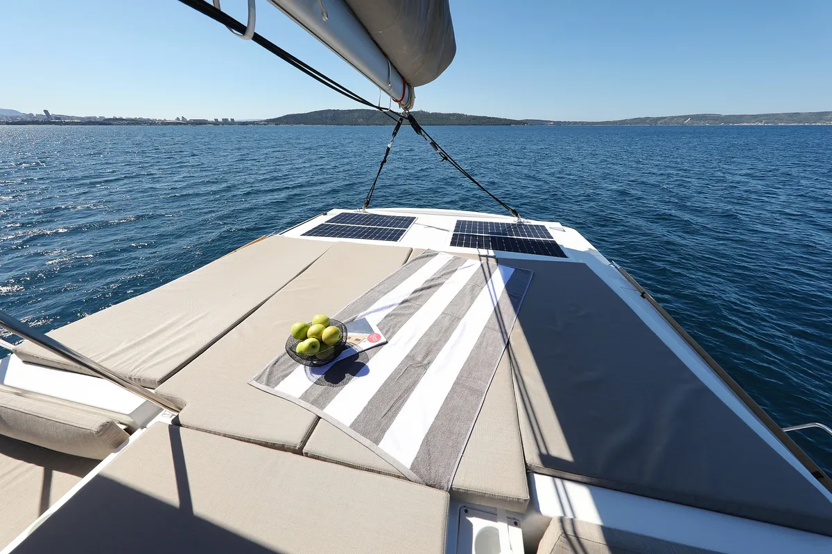 Deck of Toma, a Bali Catspace catamaran at Grad Kaštela, Croatia