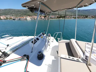 Cockpit of Toma, a Bali Catspace catamaran at Grad Kaštela, Croatia