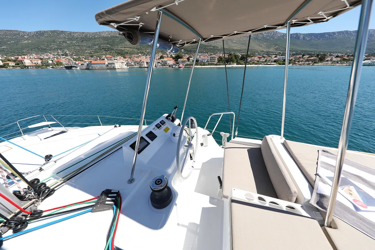 Cockpit of Toma, a Bali Catspace catamaran at Grad Kaštela, Croatia