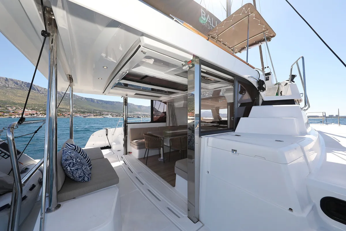 Deck of Toma, a Bali Catspace catamaran at Grad Kaštela, Croatia