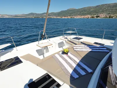 Deck of Toma, a Bali Catspace catamaran at Grad Kaštela, Croatia