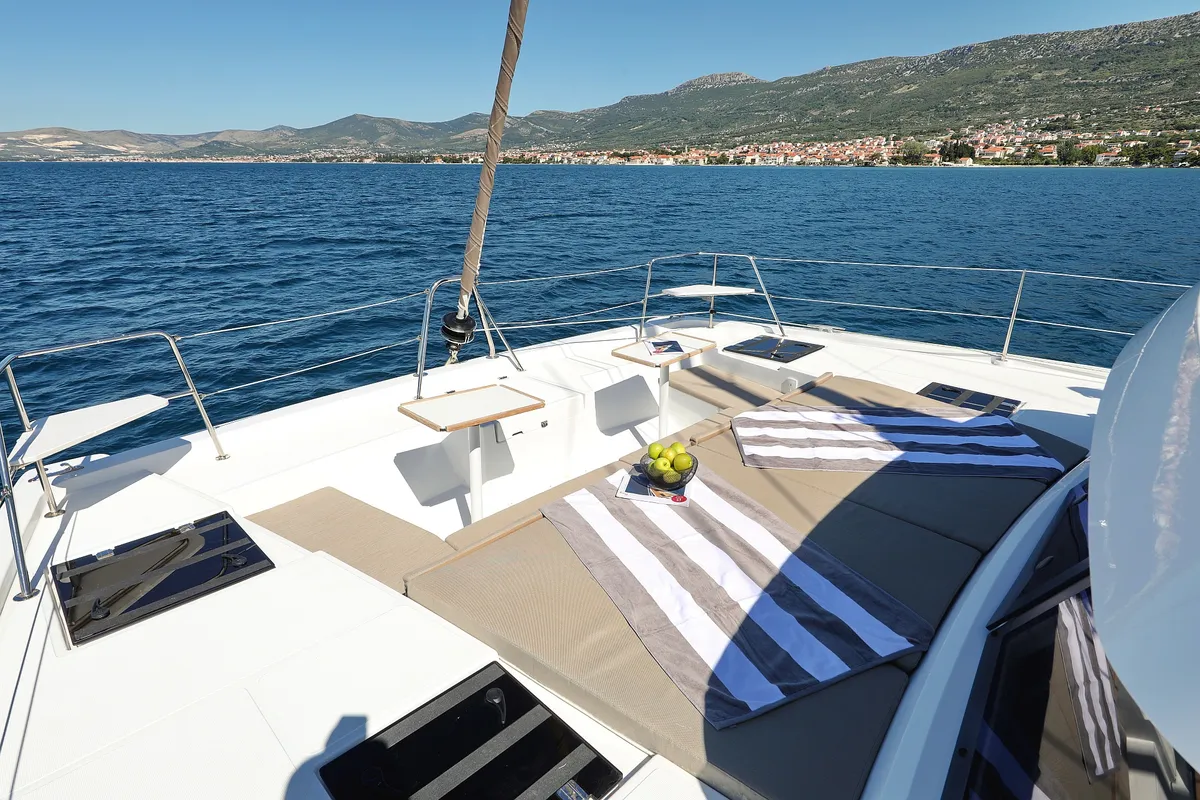 Deck of Toma, a Bali Catspace catamaran at Grad Kaštela, Croatia