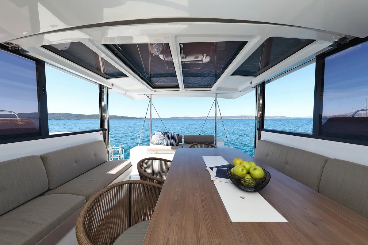 Salon of Toma, a Bali Catspace catamaran at Grad Kaštela, Croatia