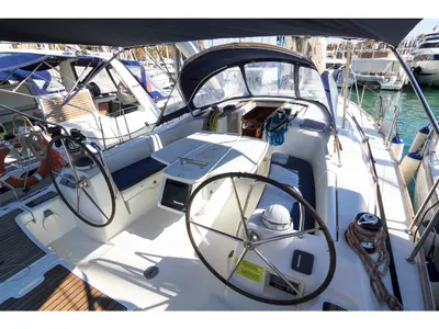 Cockpit of Demonio de Tasmania, a Beneteau Oceanis 43 sailboat at Santa Cruz de Tenerife, Spain