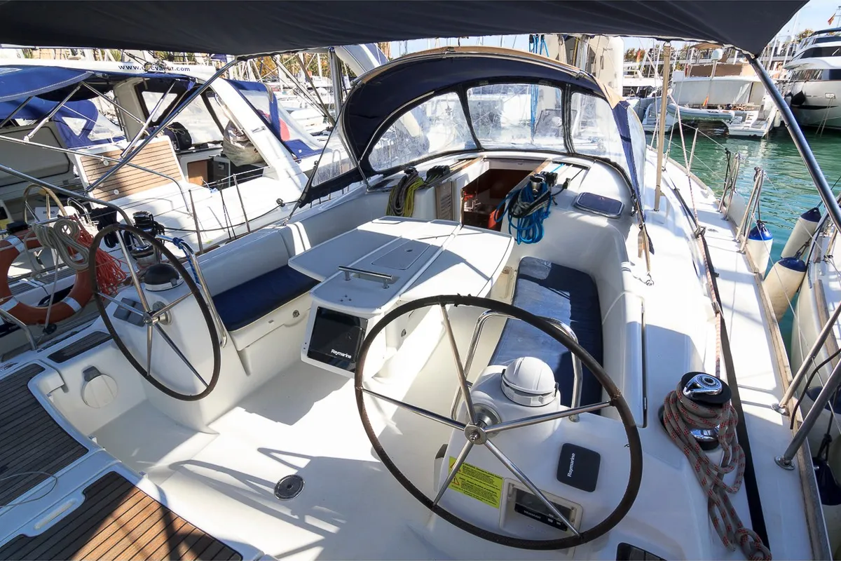 Cockpit of Demonio de Tasmania, a Beneteau Oceanis 43 sailboat at Santa Cruz de Tenerife, Spain