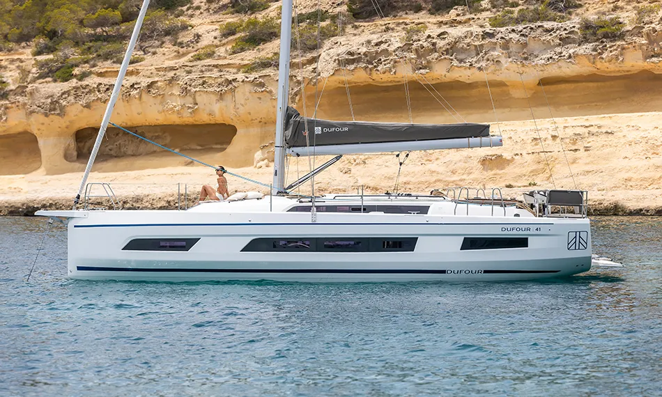 Exterior view of KAROS , a Dufour 41 sailboat at Road Town, British Virgin Islands