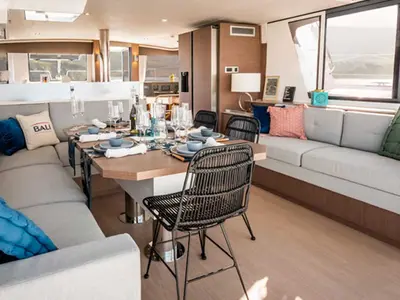 Salon of Maja, a Bali 4.6 catamaran at Procida, Italy