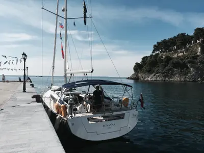Exterior view of Roxanna, a Beneteau Oceanis 48 sailboat at Ibiza, Spain