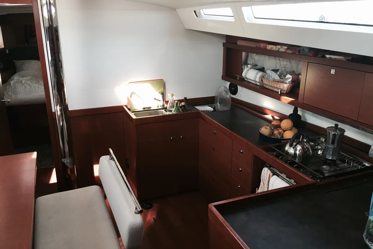Galley of Roxanna, a Beneteau Oceanis 48 sailboat at Ibiza, Spain